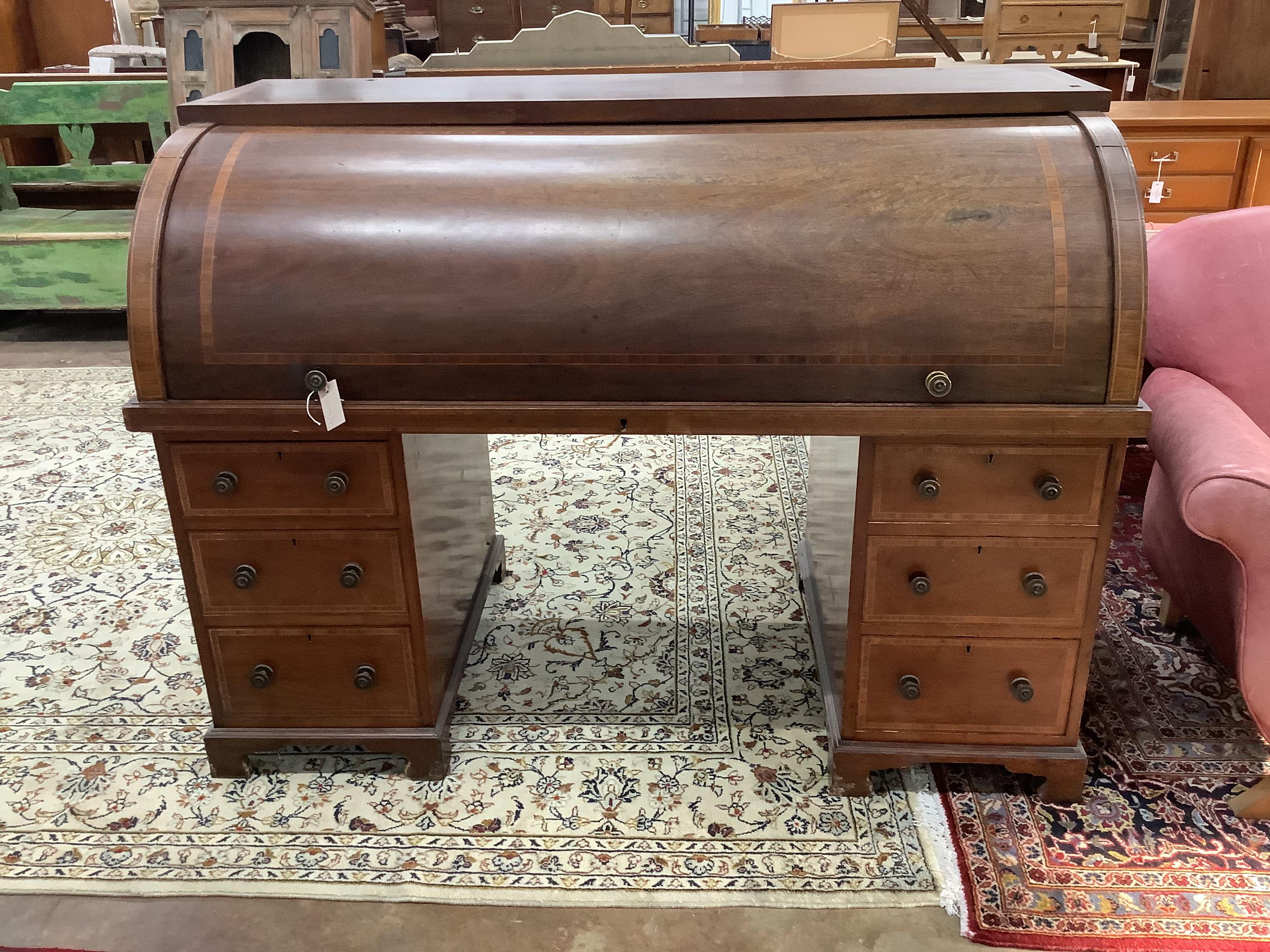 A late Victorian satinwood banded mahogany cylinder bureau, width 150cm, depth 76cm, height 109cm